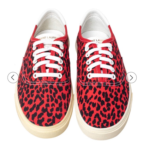 Saint Laurent Paris Red/Black Leopard Print Canvas Skate Low Top Sneakers - Picture 3 of 16